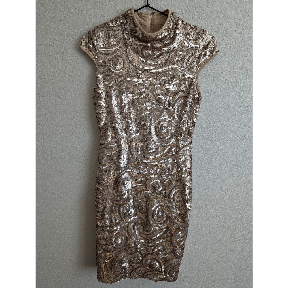 Elle ZeitoUne Womens Sz 10 Knee Length Gold Full Sequin Sheath Dress